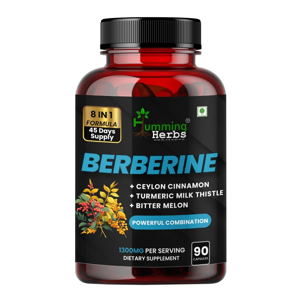 Humming Herbs Berberine Supplement | 8in1 | 90 Caps | with Ceylon Cinnamon Milk Thistle Bitter Melon & Probiotics - For Optimal Health