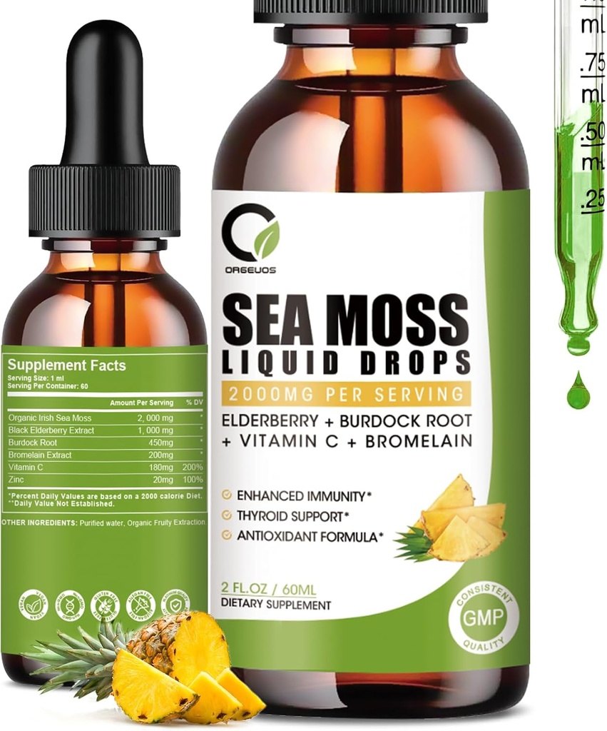 Drops de mousse de mer 2000mg, supplément de mousse de mer d'Irlande soutient l'immunité, avec mûre noire, racine de lard, bromelain, vitamine C et zinc, 2 Fl.Oz, goût d'ananas