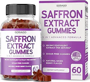 Suppléments de safran (60 Gummies) Gummies de safran Premium - sans sucre Gummy 88,5mg Extrait équivalent - 5 en 1 Formule avancée - Délicieux parfum de framboise - Non OGM - Vegan & USA Made