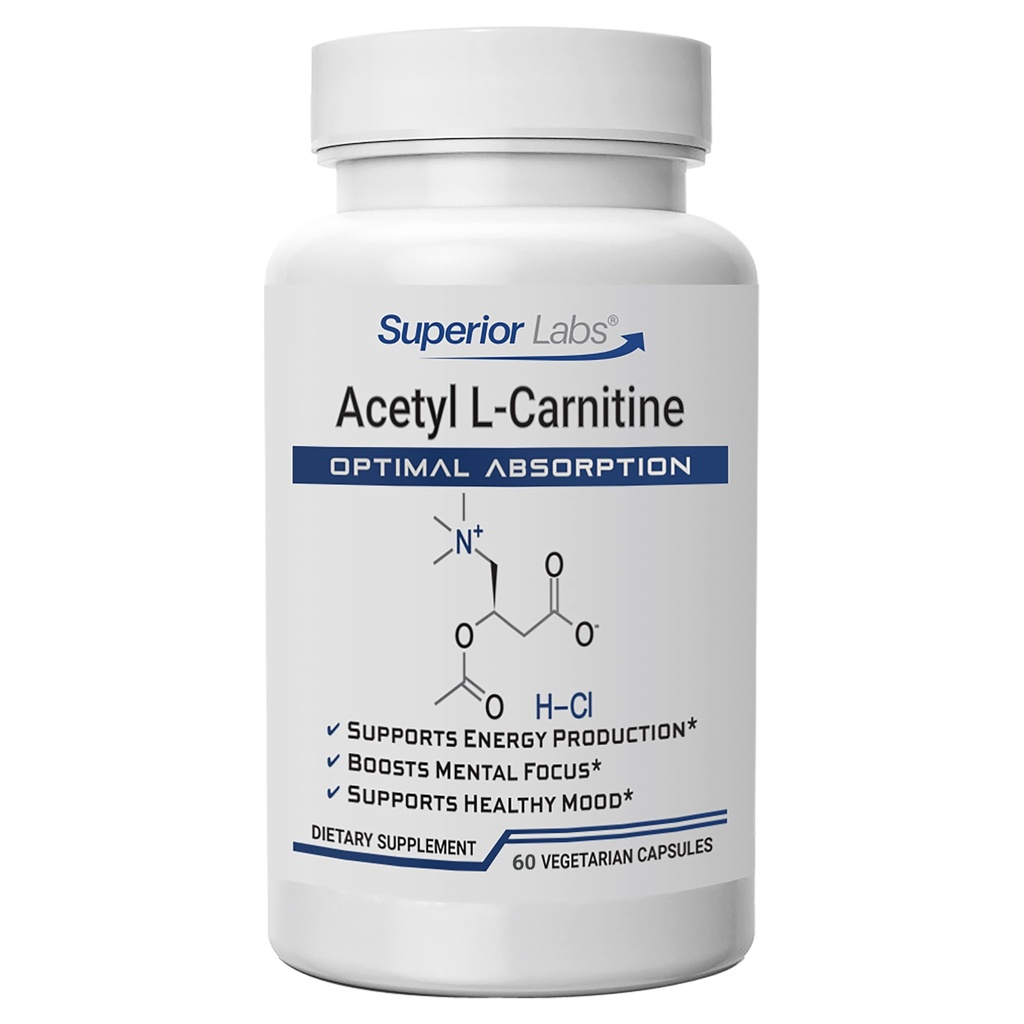 Superior Labs Acetyl L-Carnitine 500 mg, High Potency ALCAR, Pure Non-GMO, Zero Synthetic Additives, Maximum Absorption, Energy & Fat Metabolism, Brain, Nerve & Cellular Detox Support, (60 Veg Caps)