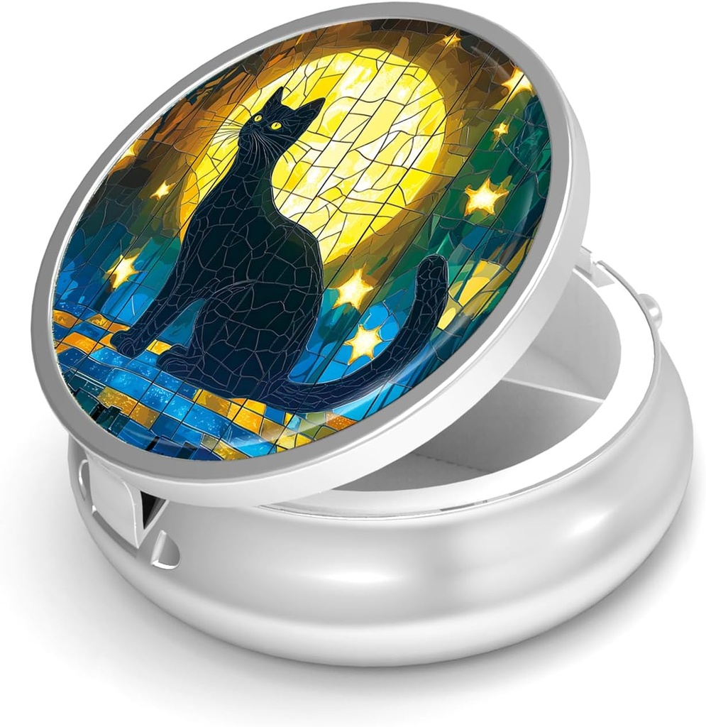 Pill Box-3 Compartiment petit cas de pilule pour la Purse & Pocket Mini Pill Holder Metal Travel Pill Container to Hold Suppléments Vitamines Free BPA (Moon Cat)