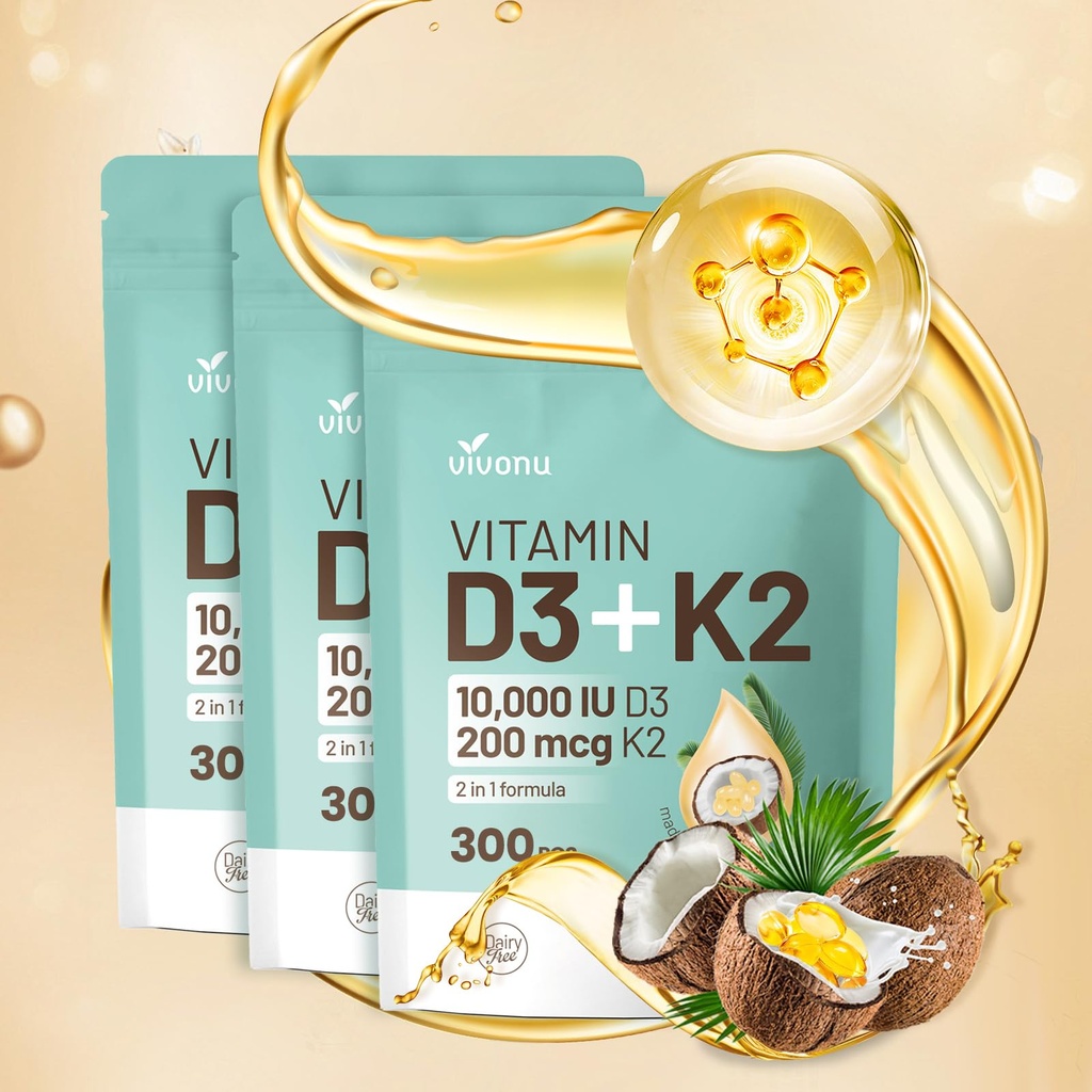 Vitamine D3 10000 iu Plus K2 (MK-7) 200 mcg, 300 softgels à l'huile de noix de coco.