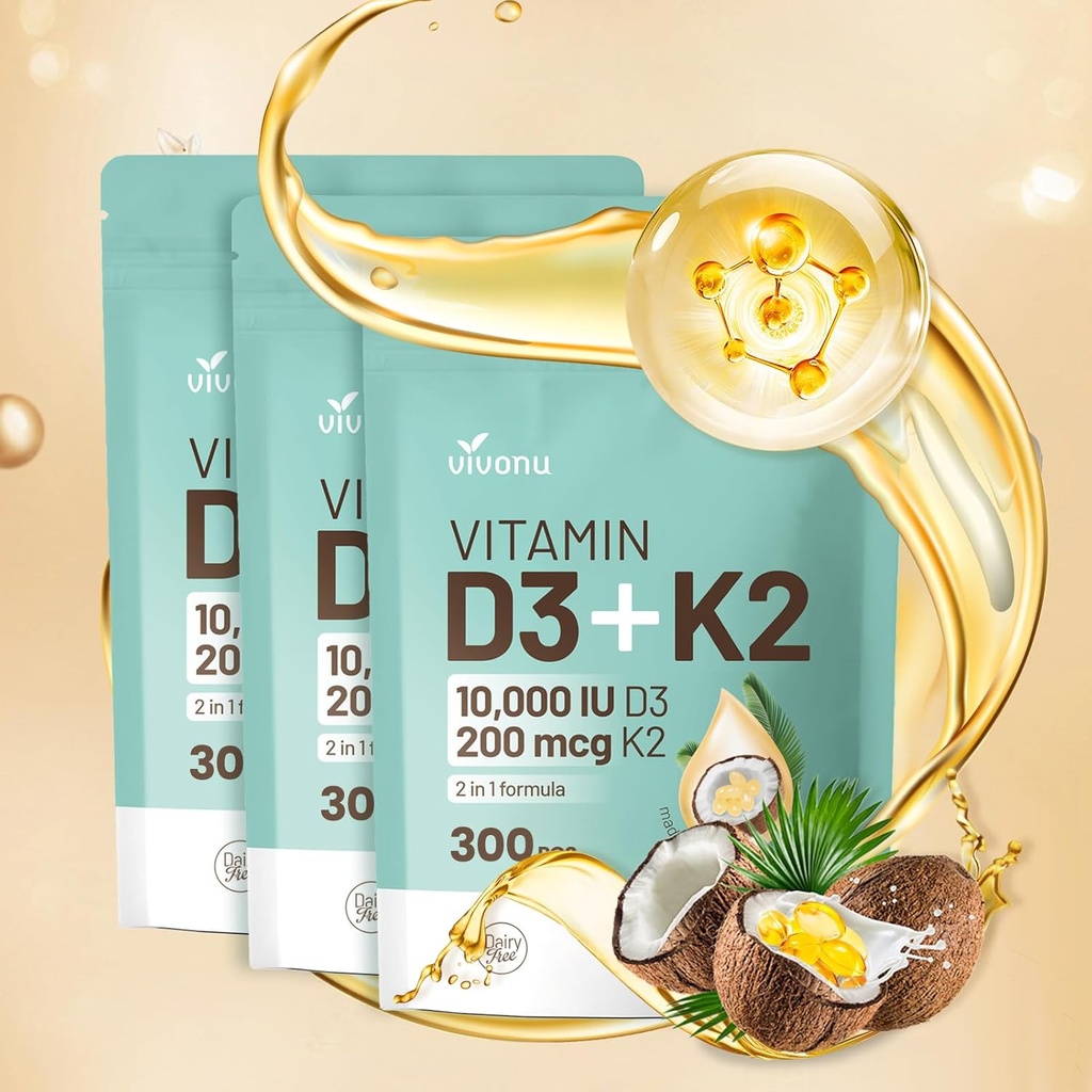 Vitamine D3 10000 iu Plus K2 (MK-7) 200 mcg, 300 softgels à l'huile de noix de coco.