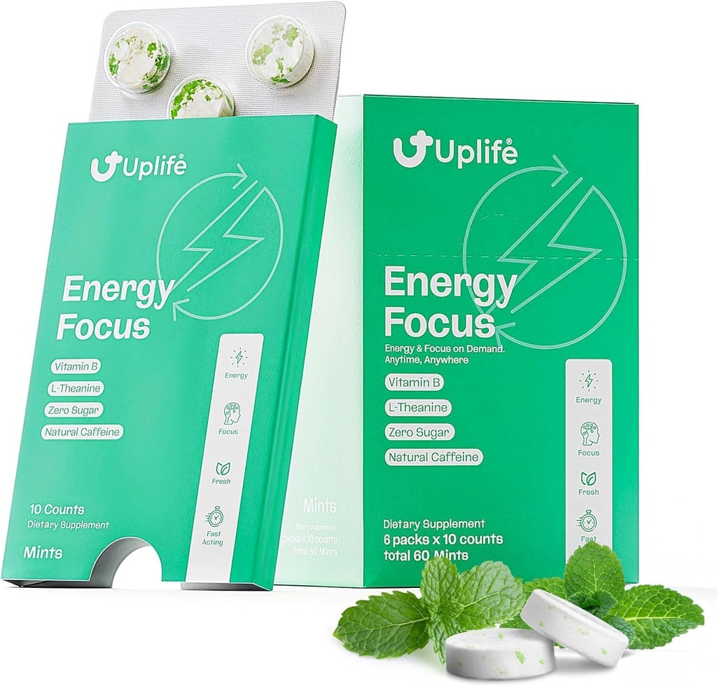 UPLIFE Energy and Focus Mint 60 Pcs – Made in USA – 40mg Natural Caffeine + 80mg L-Theanine + Niacin Vitamin B3 & B12 – Sugar-Free, Vegan - Natural Caffeine Mint Coffee Alternative - Peppermint