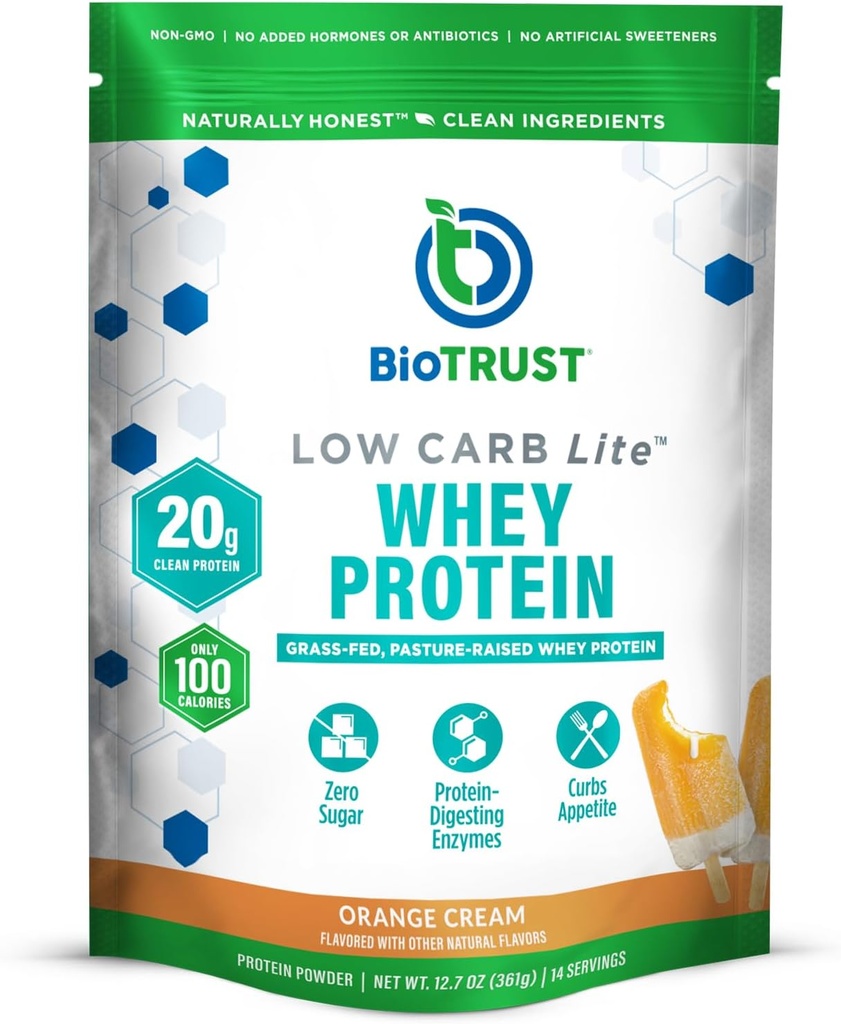 BioTrust Lite à faible teneur en glucides, 20 grammes d'isolat de protéines de lactosérum, 100 calories, enzymes digestives ProHydrolase, non OGM, exemptes de soja et de gluten, sans rBGH (14 portions) (crème d'orange)