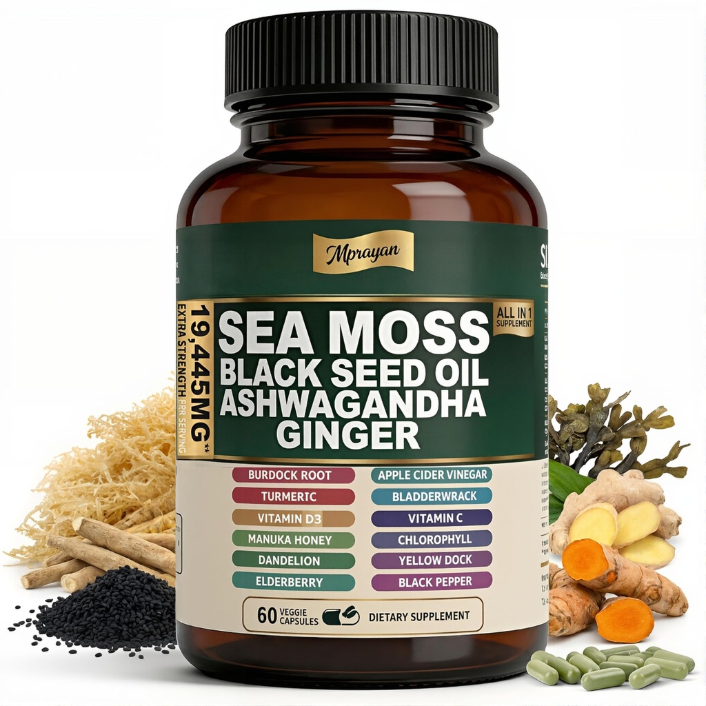 Sea Moss Black Seed Oil Ashwagandha Capsules - 10:1 Extract Blend 60ct
