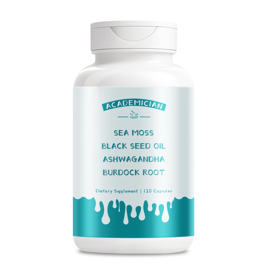Ashwagandha Capsule with Black Seed Oil Capsules Sea Moss Burdock Root Bladderwrack Supplement - 120 Count