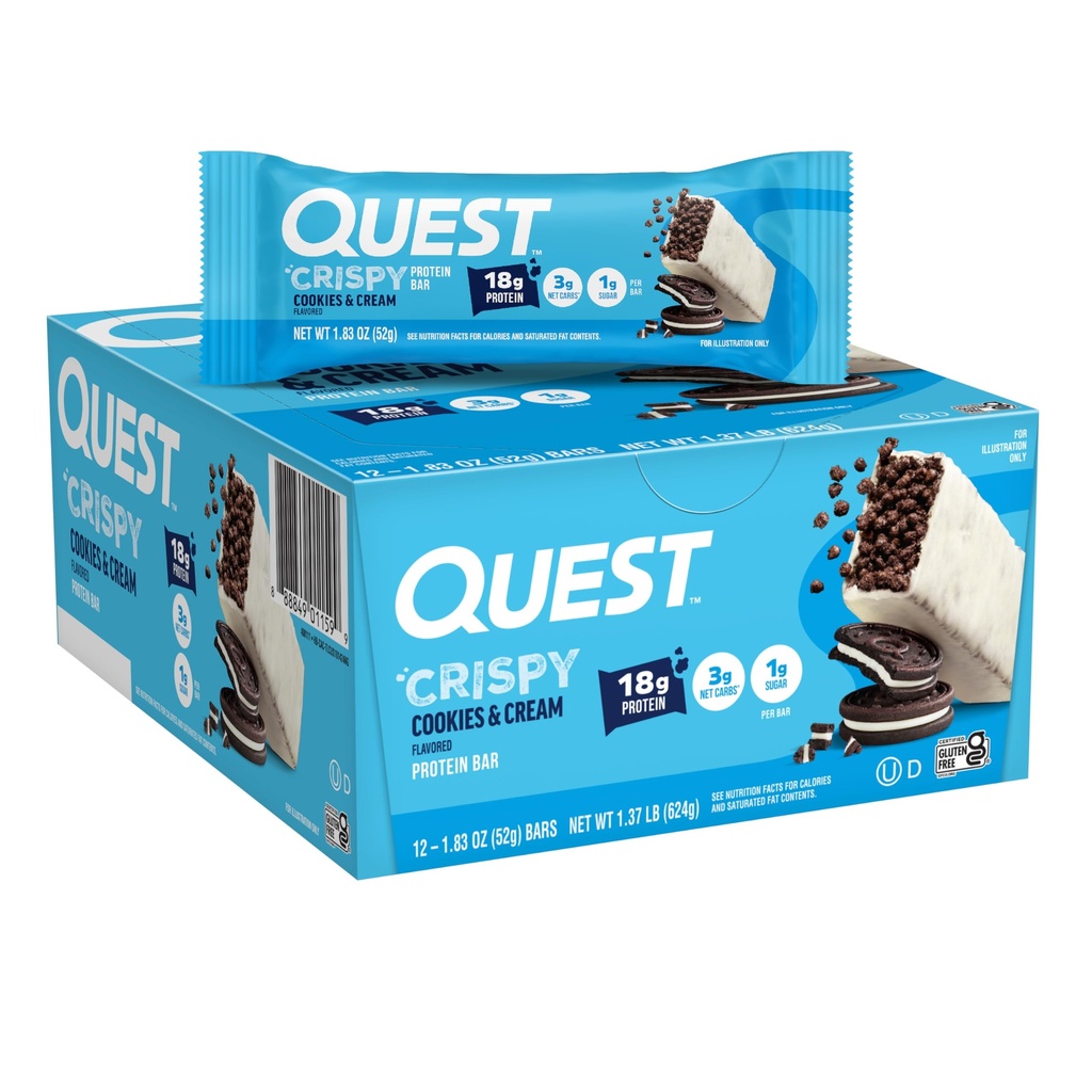 Quest Nutrition Crispy Cookies & Cream Hero Protein Bar, 18g Protein, 1g Sugar, 3g Net Carb, Gluten Free, Protein Snack, Keto Friendly, 12 Count