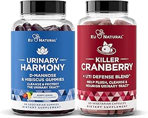 Supplément de tract urinaire Duo, Capsules de canneberge Killer & Harmonie urinaire Gummies - Mélanges UT Defense, D-mannose et Hibiscus + canneberge, écorce de pin, propolis et vitamine D, Ingrédients de force clinique