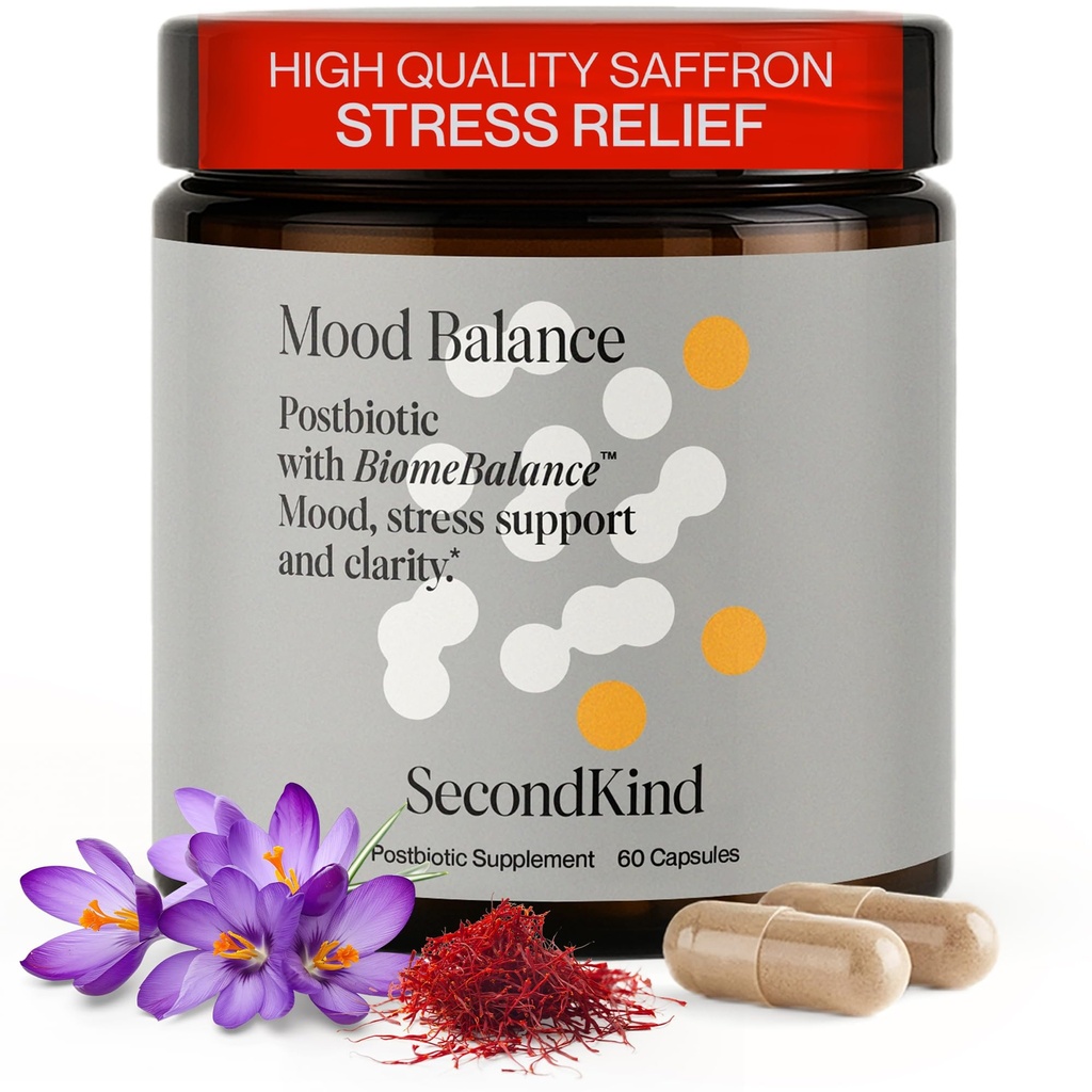 Anxiety & Stress Relief Supplement – Saffron & Postbiotic Supplement for Emotional Support – 1000x More Active Ingredients Than Probiotics. Made with BiomeBalance in the USA, 60 Capsules | SecondKind