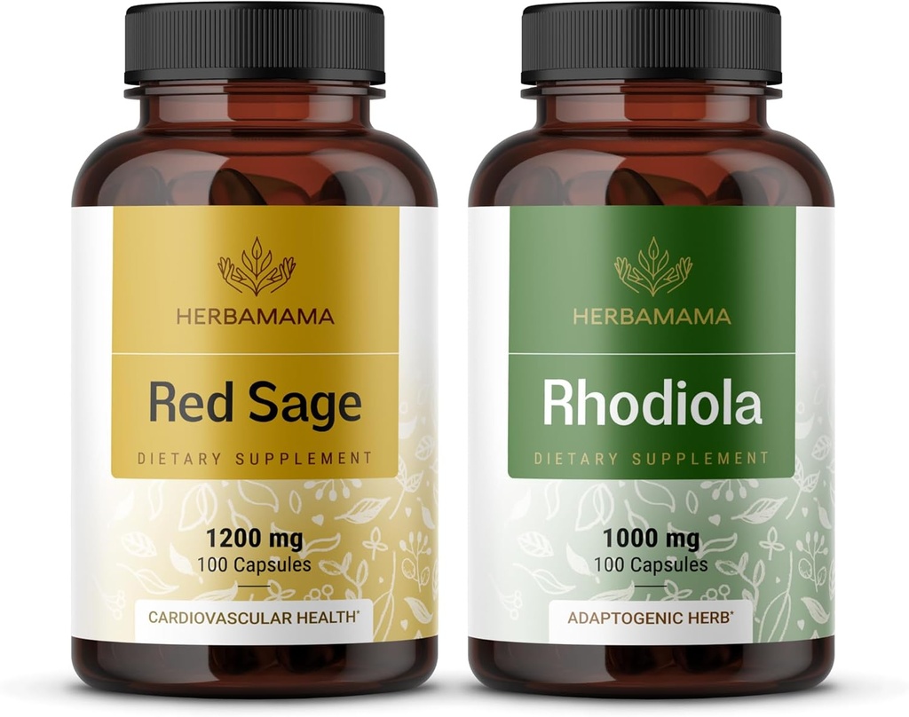 HERBAMAMA Red Sage and Rhodiola Kit - Bundle of 1200 mg Red Sage Dan Shen & 1000 mg Rhodiola Rosea Capsules - Vegan, Non-GMO, Sugar & Gelatin-Free - 2 Pack