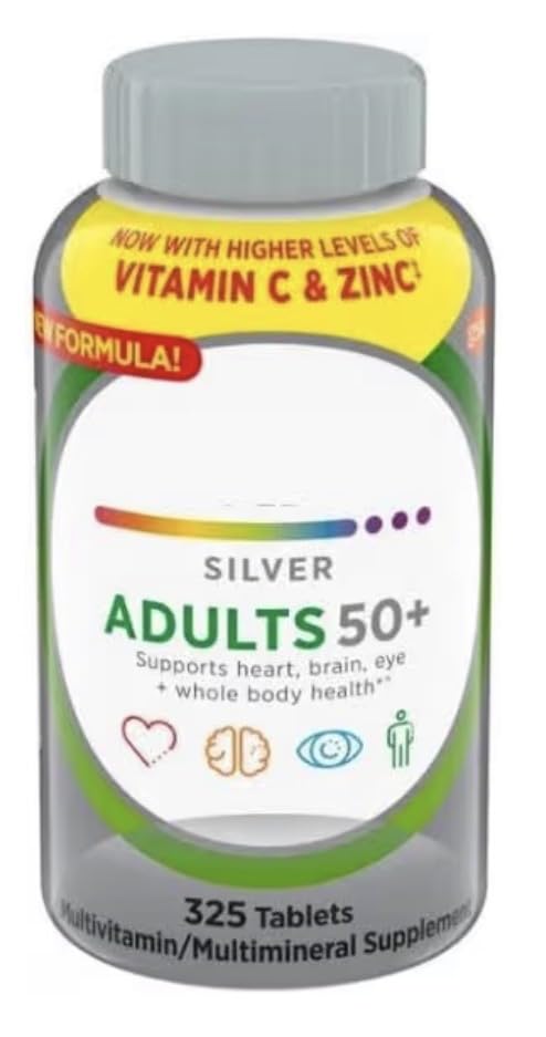 Silver Adults 50+ Multivitamin with Higher Vitamin C and Zinc, Heart Brain Eye Support, 325 Tablets
