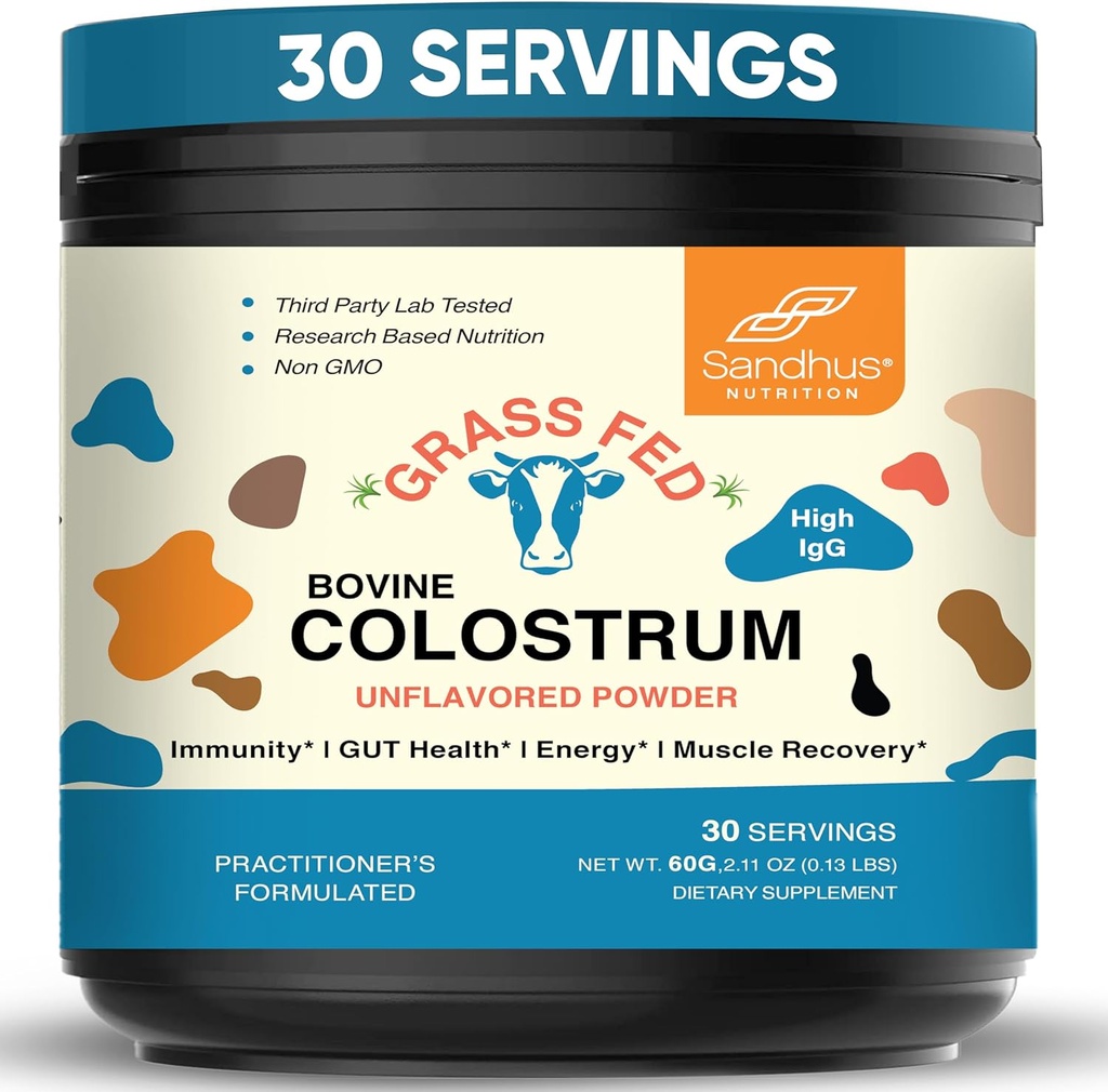 Sandhu's Grass Fed Bovine Colostrum Poudre pour les humains, les adultes de 30 portions (paquet de 1) Supplément de vache de haute IgG pour la santé Gut.