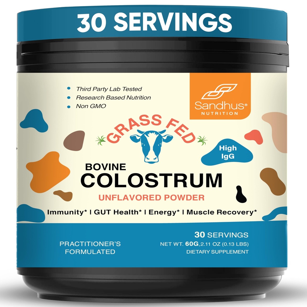 Sandhu's Grass Fed Bovine Colostrum Powder for Humans, Adults | 30 Servings (Pack of 1) Cows Supplement | High IgG for Gut Health | Immunity & Muscle Recovery Support | Unflavored | for Men & Women