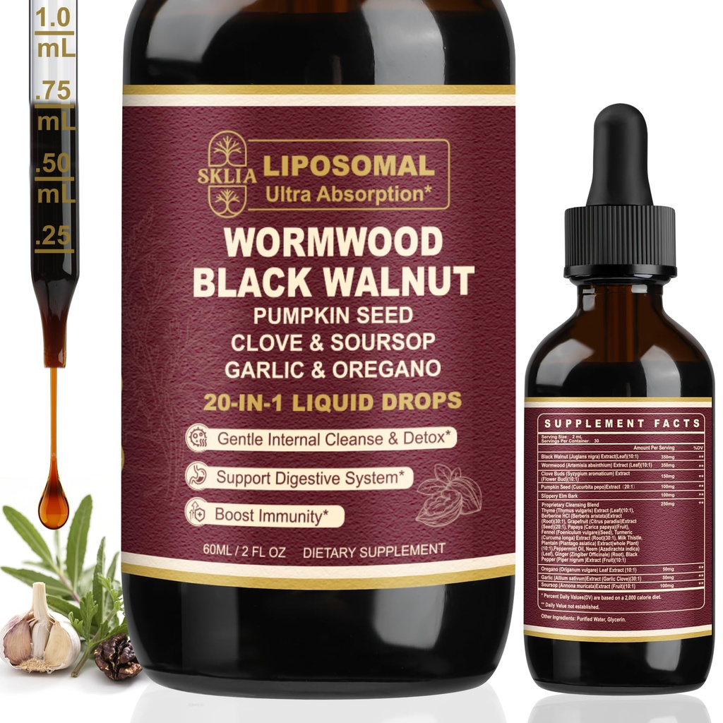 20-in-1 Liposomal Wormwood Black Walnut Cleanse for Humans Drops Liquid – Rapid Gut Cleanse & Digestive Support with Clove, Berberine, Garlic, Soursop, Slippery Elm, Oregano | Fast-Absorbing 1P