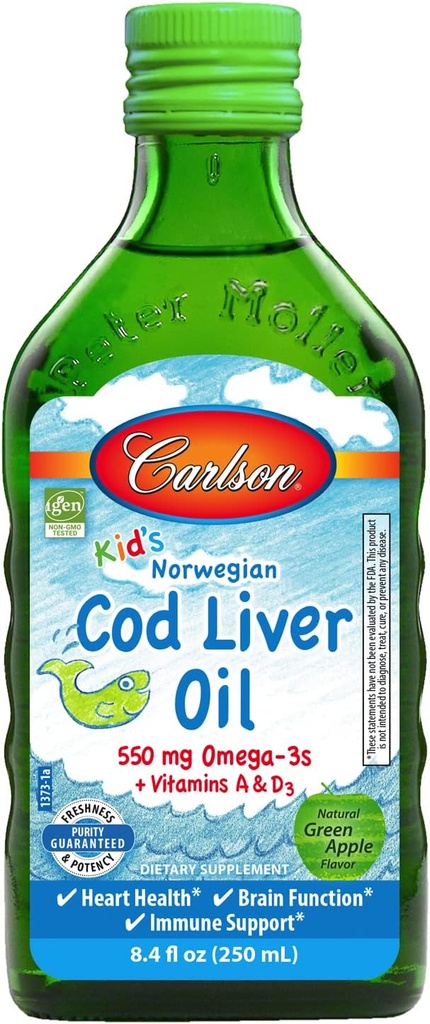 Carlson - Huile de foie de morue d'enfant, 550 mg d'Oméga-3s, plus de vitamines A et D3, huile de poisson liquide, morue arctique norvégienne capturée sauvage, huile de poisson nordique d'origine durable, pomme verte, 250 mL (8,4 Fl Oz)