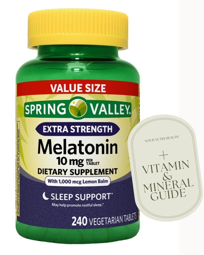 1 Pack of Extra Strength SPR -ing Valle Sleep Support Melatonin, Tablets Dietary Supplement Value Size, 10 mg, 240 Count, 1 Bottle, + Bonus nnh Sticker Vitamin Guide Included