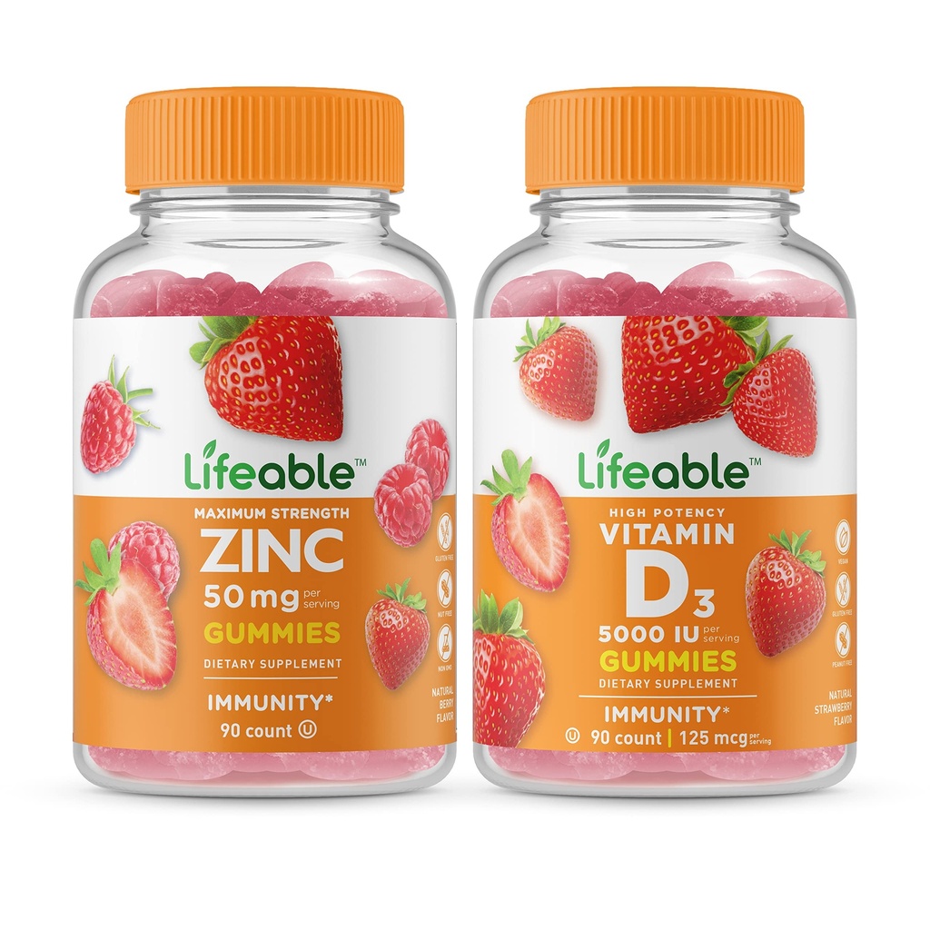Zinc Lifeable 50mg + Vitamine D 5000 UI, Gummies Bundle - Grande dégustation, supplément de vitamine, sans gluten, sans OGM, Gummy à croquer