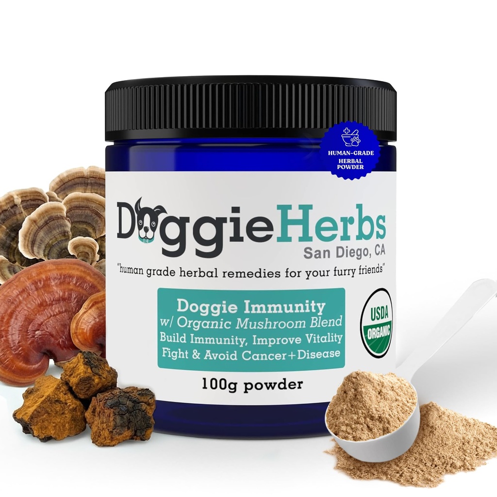 Mélange certifié de champignons d'immunité biologique pour chiens, 22,3% Beta Glucan pour la santé canine et l'immunité Boost Dog Supplément à base de plantes poudre w/Scoop - 100g