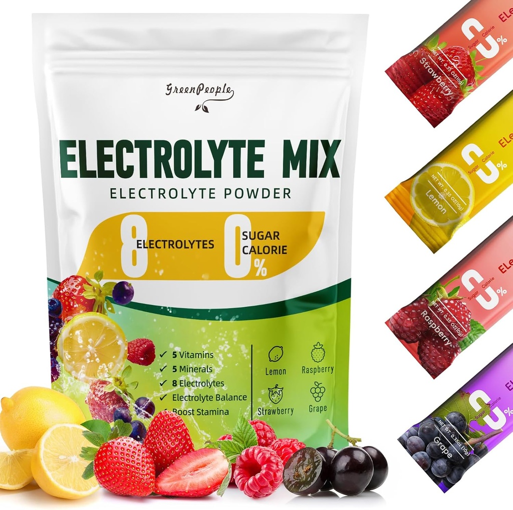GREENPEOPLE Electrolytes Poudre Pas de sucre - hydratation sans sucre Electrolytes Packets - Fruits Saveurs Electrolytes Mélange de boisson - 8 Electrolytes 5 Vitamines et Minéraux Vegan Non-OGM 16 Sticks