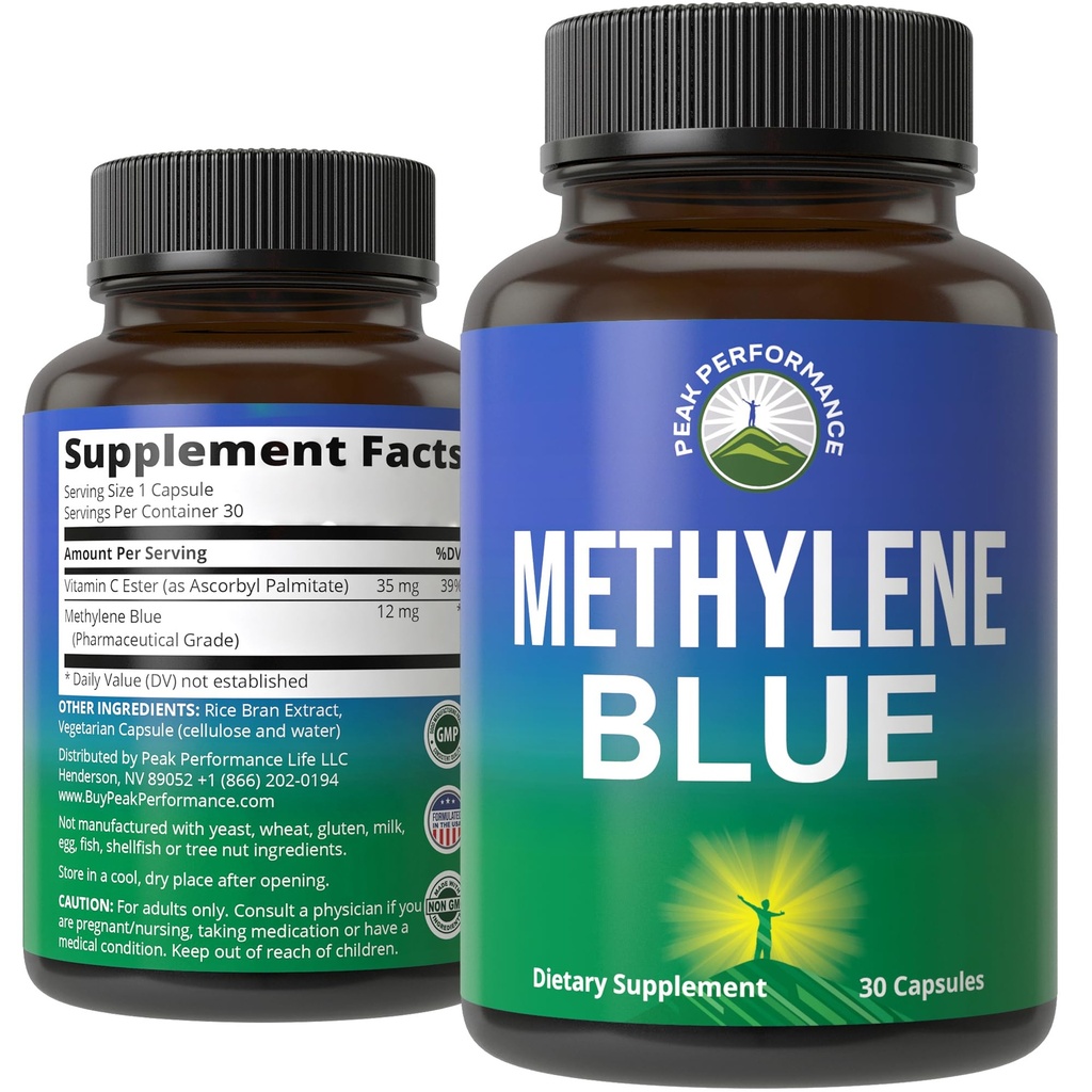 Peak Performance Methylene Blue Capsules Ultra High Purity (USP) Pharmaceutical Grade Supplement for Humans - Vegan Capsules for Better Absorption - Support Memory, Focus, Clarity, Healthy Aging