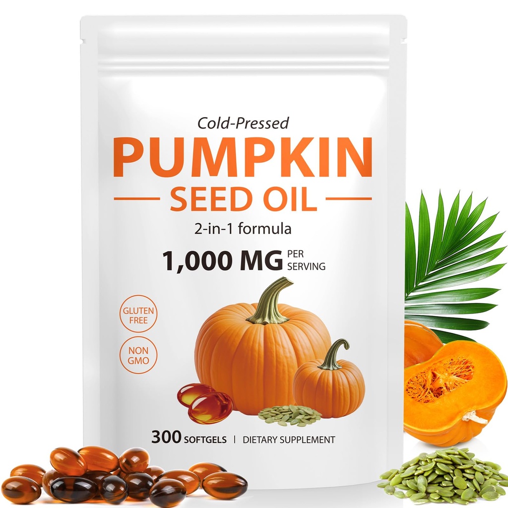 Pumpkin Seed Oil with Saw Palmetto, 1000mg per Serving, 300 Softgels – Cold Pressed Pumpkin Seed Oil Capsules for Hair, Prostate, Urinary & Bladder Health – Non-GMO, Gluten-Free, Pure & Natural