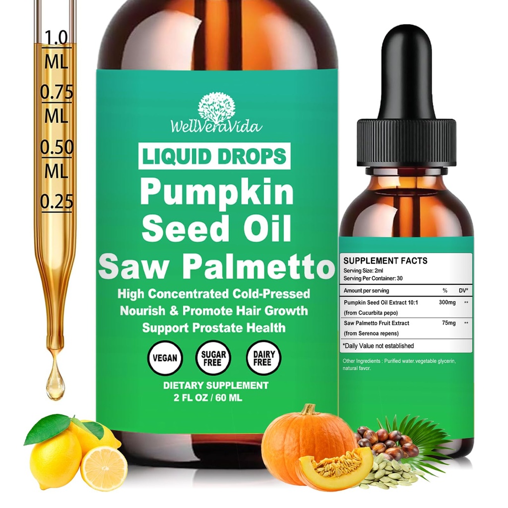 Pumpkin Seed Oil with Saw Palmetto Drops-High Concentrated Pumpkin Seeds Oil Supplement for Hair, Bladder & Prostate Health丨 Cold Pressed, High Absorption Liquid for Women & Men丨NON-GMO, Vegan, 2Fl Oz