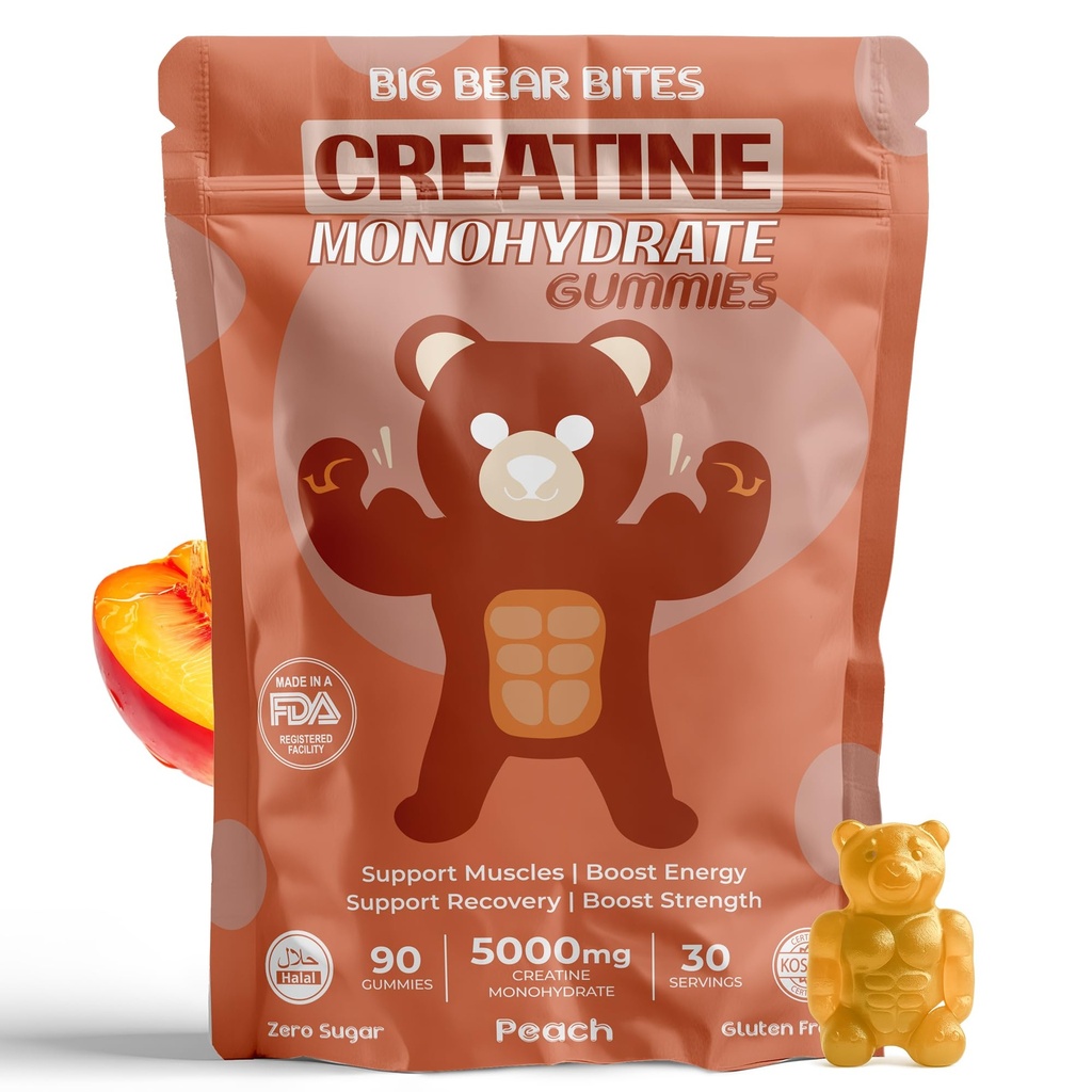 Gommies monohydratées de créatine pour les hommes et les femmes $ 5000mg de Gommies de créatine par portion $ Sucre, sans gluten et halal $ Pack de 90 pour pré-entraînement et récupération musculaire $ Peach Flavor
