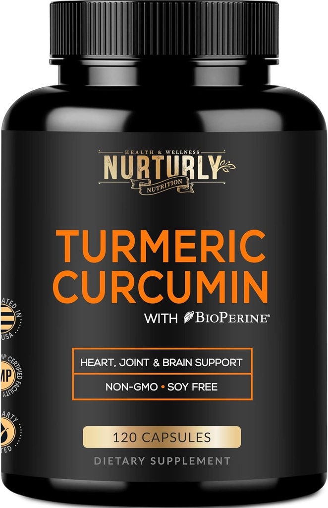 Curcumine curcumine avec Pepper noir BioPerine et 95% Curcuminoïdes - Suppléments de curcuma haute absorption 1300mg pour la santé cardiaque - Non-OGM, sans gluten - 120 capsules