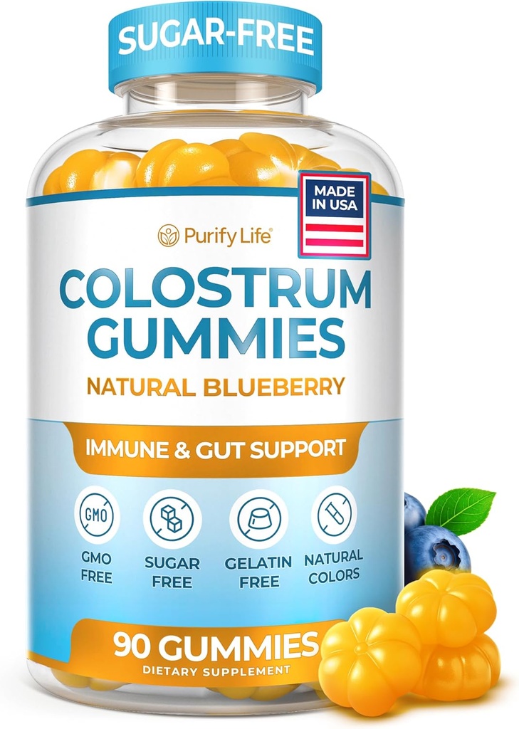 Colostrum sans sucre Gommies (1500mg) Bovin Colostrum pour les humains, supplément gazonné pour la santé de Gut, réparation de Gut maigre, soutien immunitaire, santé de la peau - 35% IgG par service