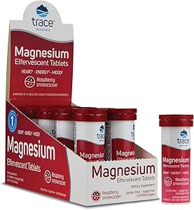 Trace Minerals Magnésium Effervescent - Supplément de soutien au cœur et à l'énergie sains - Supplément de magnésium naturel pour aider à dormir en bonne santé - Supplément santé sans gluten - Framboise, 8 tubes (80 portions)