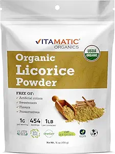 Vitamatic Certified USDA Organic Licorice Root Powder – 1 lb (16 oz) Also Known as Malethi or Mulethi | Pure Glycyrrhiza Glabra | Supports Respiratory, Digestive, & Immune Health