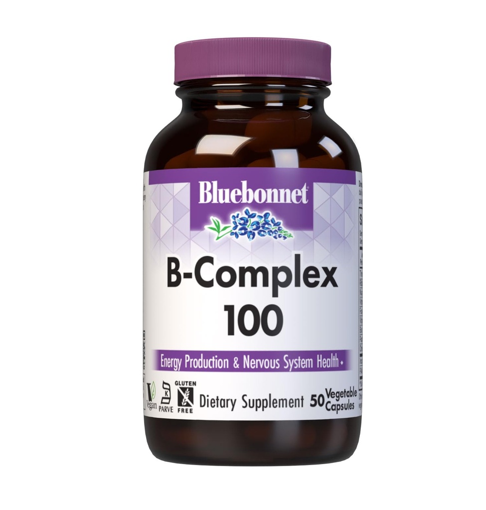 Bluebonnet Nutrition B complexe 100 capsules végétales, spectre complet complet, vitamine B6, B12, biotine, folate, végétalien, végétalien, sans gluten, sans soja, sans lait, casher, 50 capsules végétales