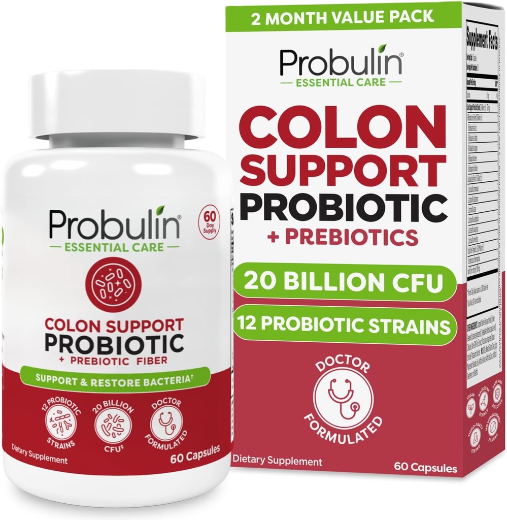 Probuline Colon Soutien Probiotique Supplément, Gut quotidien, Digestion et Immune Probiotiques de santé pour les hommes et les femmes, 20 Million CFU, Vegan, 60 Bouteilles de comptage