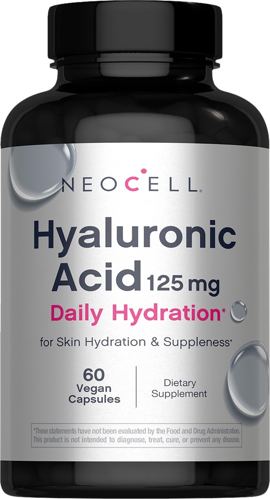 NeoCell Hyaluronic Acid Capsules | 60 Pills | 125 mg | Daily Hydration | Hair, Skin & Nails | Vegan Supplement
