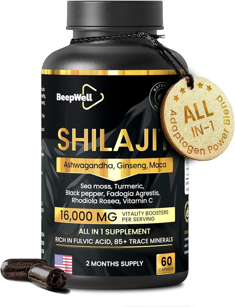Shilajit Capsules pour hommes et femmes, 16,000mg Pure Himalayan Organic Shilajit soutient la vitalité et le bien-être,Premium Pure Himalayan Supplément 2 mois d'approvisionnement, 60 capsules