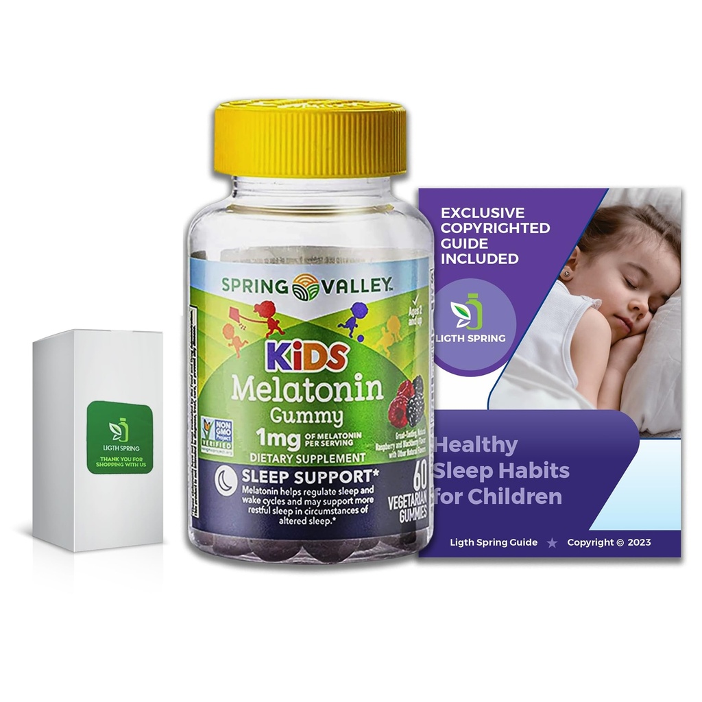 Vegetarian Melatonin Gummies for Kids, Sleep Support, 60 Ct Bundle with Exclusive Healthy Sleep Habits for Children - Better Light&Spring Guide (2 Items)