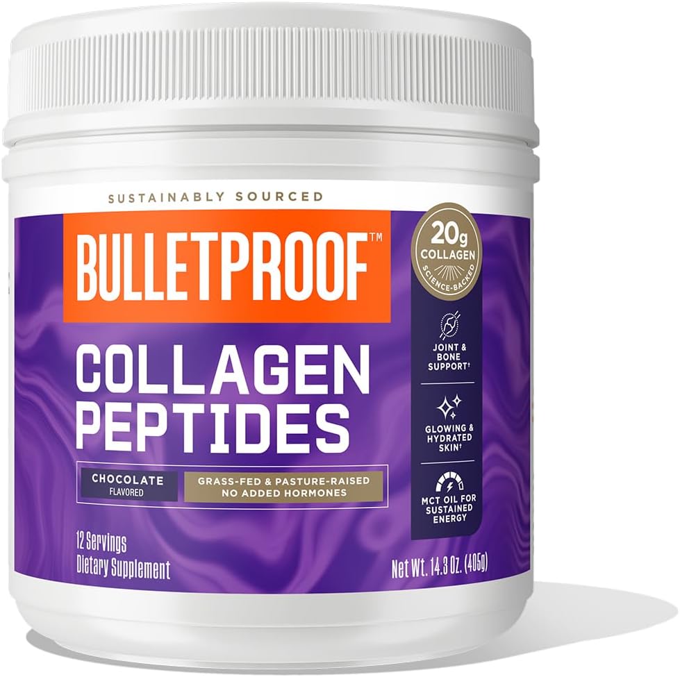 Poudre de peptides de collagène au chocolat à l'épreuve des balles avec huile MCT, 14.3 Onces, protéine de collagène à l'herbe pour la peau, les os et le soutien articulaire, pâturage élevé, pas d'hormones ajoutées