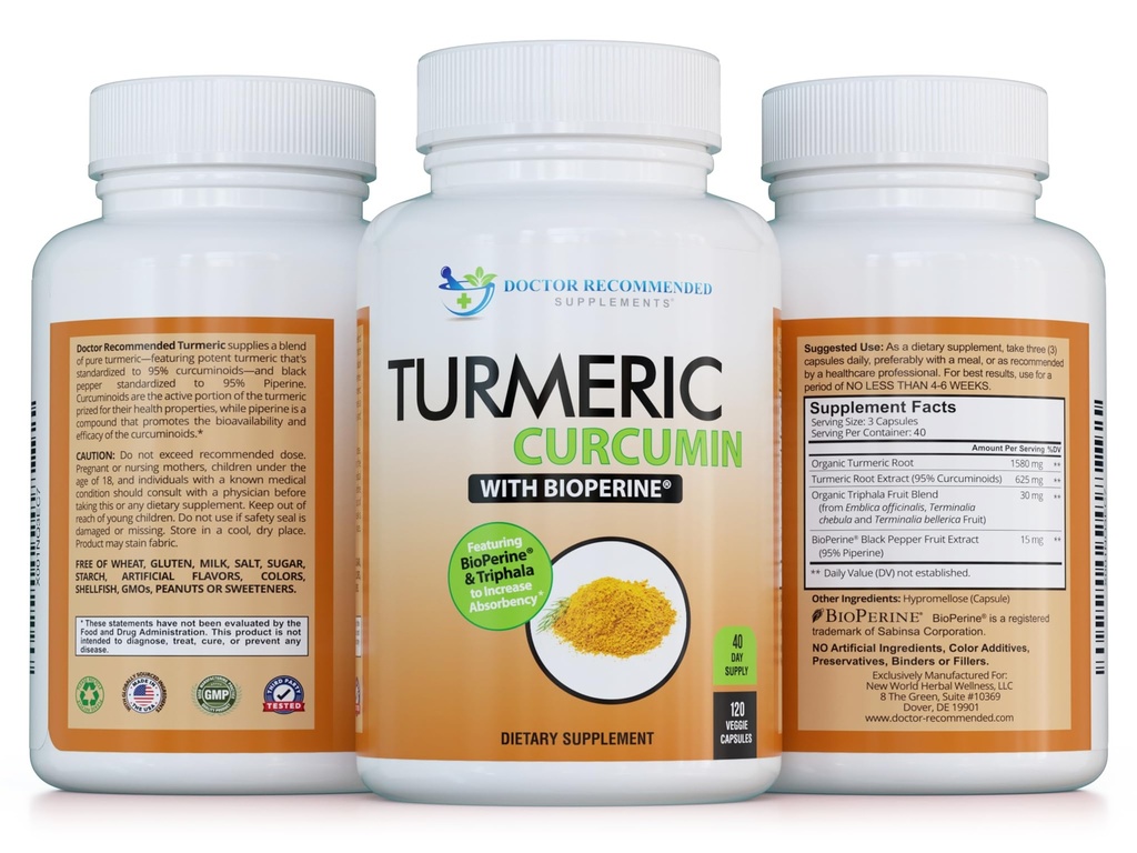 Turmeric Curcumin - 2250mg/d - Veggie Caps - 95% Curcuminoids with Black Pepper Extract (Bioperine) - 750mg Capsules - 100% Organic - Most Powerful Turmeric Supplement with Triphala (120 Count)