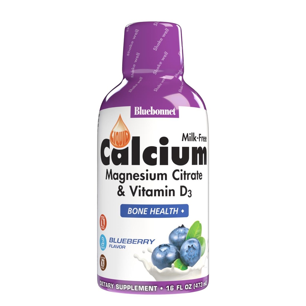 Bluebonnet Nutrition Citrate de calcium liquide Citrate de magnésium, vitamine D3, santé des os, sans gluten, sans soja, sans lait, casher, 32 portions, saveur de bleuet, 16 fl Oz (paquet de 1)