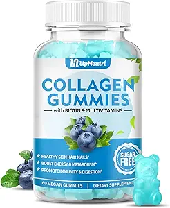 Sans sucre Collagène Peptides Gommies pour femmes Hommes, 1500mg Collagène Types I,II,III,V,X, Plus 5000mcg Biotine & Multi Vitamines pour les ongles de cheveux sains de peau, Immune Digestion Bone Support