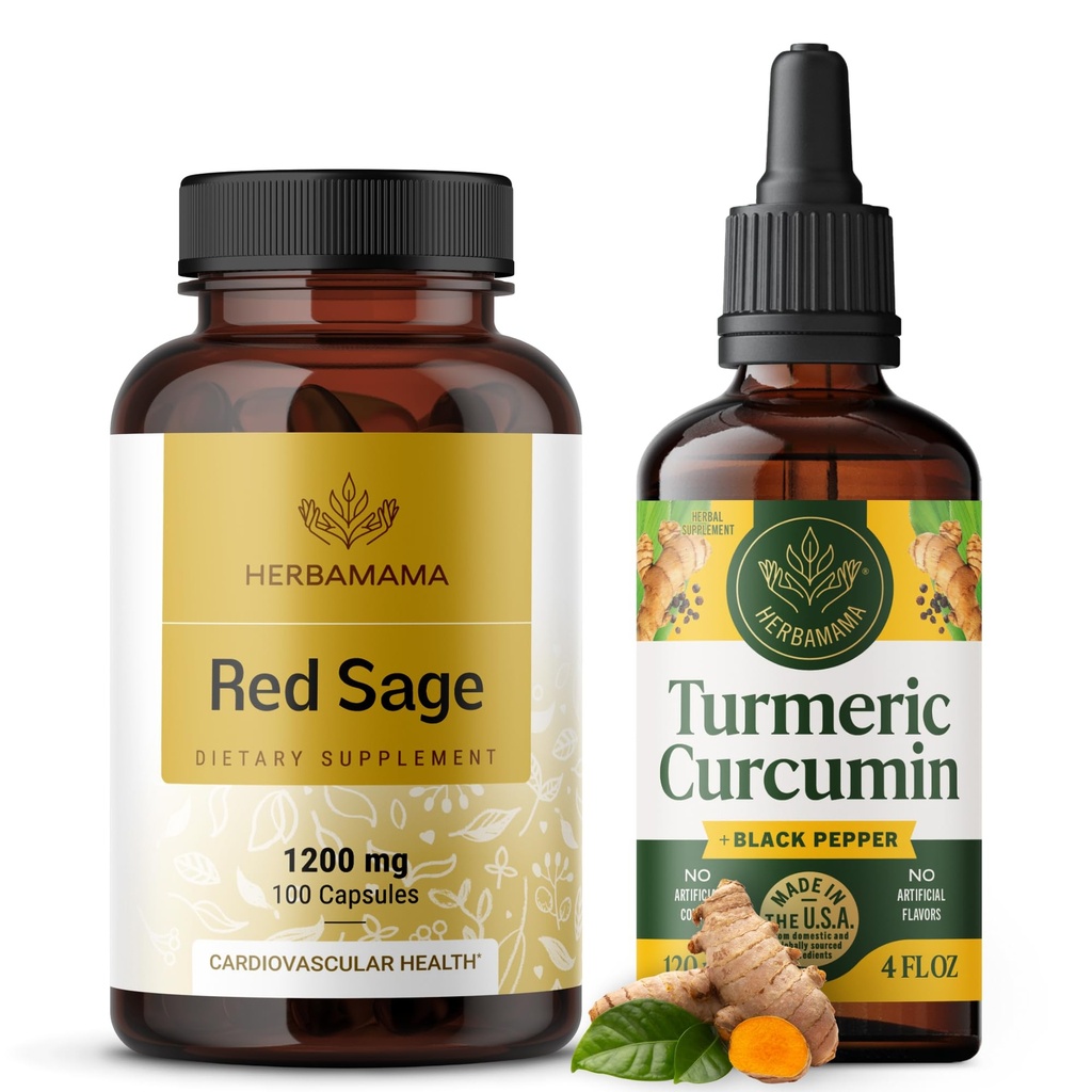 HERBAMAMA Red Sage and Turmeric Kit - Bundle of 1200 mg Red Sage Dan Shen Capsules & Turmeric Curcumin Drops 2 fl oz - Vegan, Non-GMO, Sugar & Alcohol-Free - 2 Pack