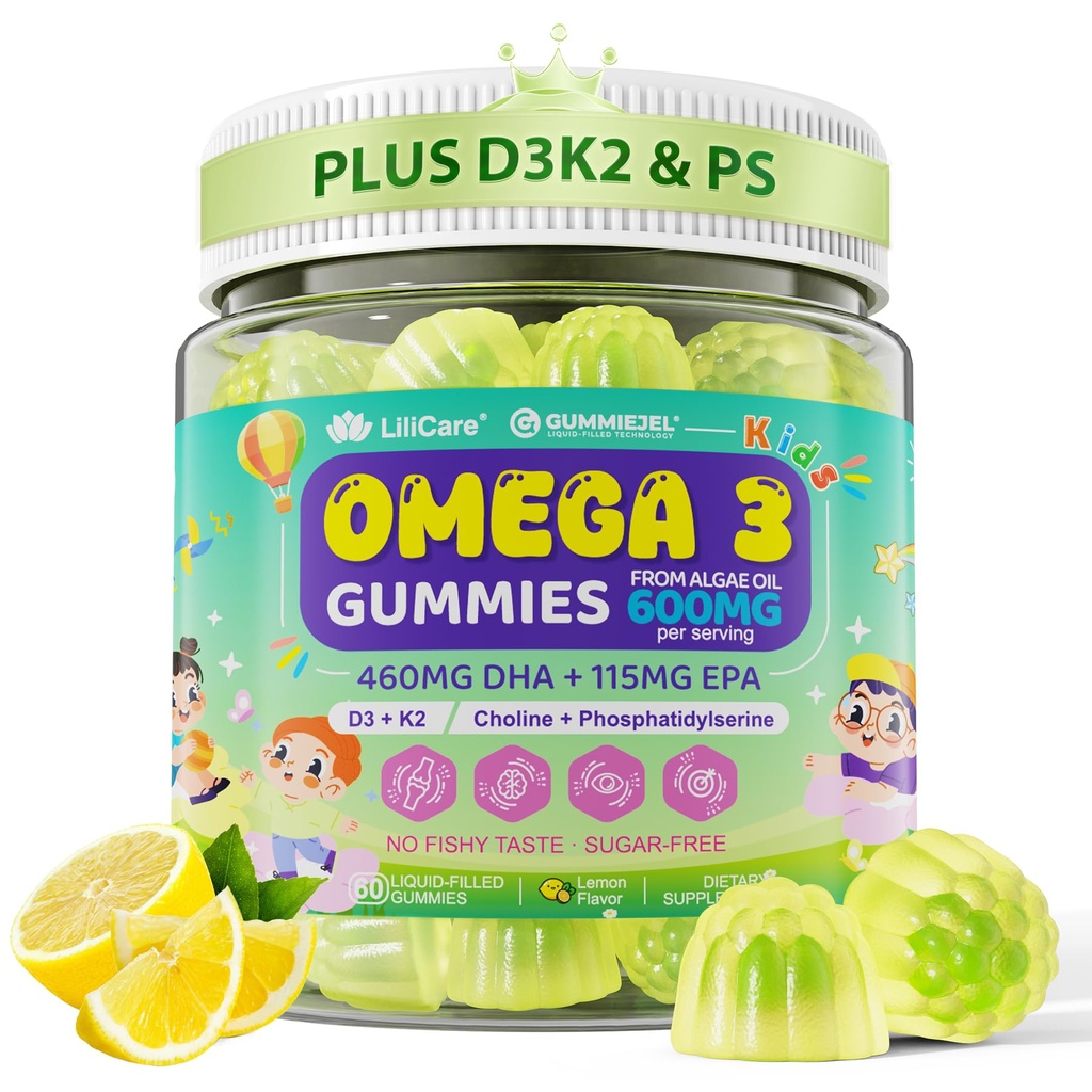 Omega-3 for Kids 4+, Focus DHA Gummies Plus EPA from Algae, Vitamin D3 K2, Choline & PS for Bone, Cognitive & Immune Health, Zero Sugar Ultra-High DHA Fish Oil Alternative, Children Ages 4+, 60Cts