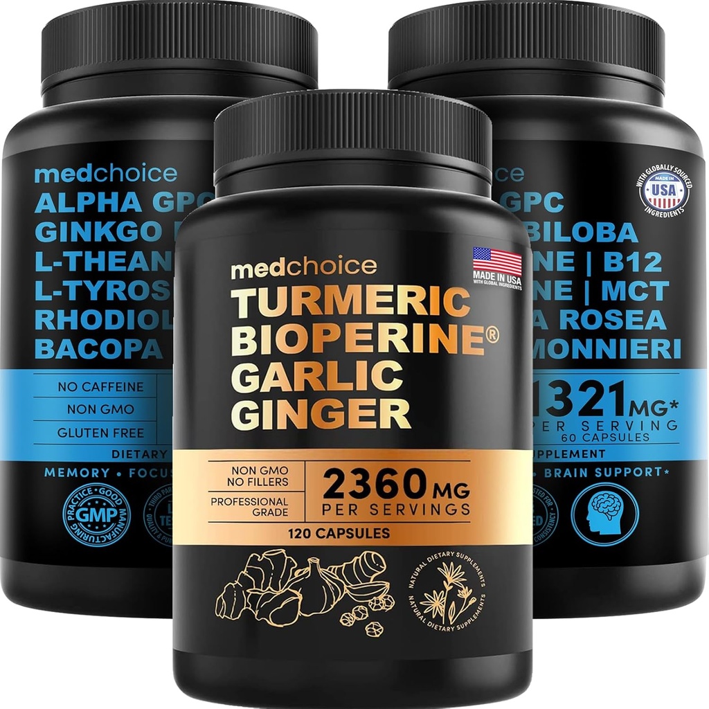 MEDCHOICE Turmeric & Ginger (120ct) et Cerveau Nootropique (120ct) Supplément Bundle - Wellness Duo pour le soutien des articulations, de la digestion, du cerveau et de l'humeur - végétalien, non OGM, sans gluten