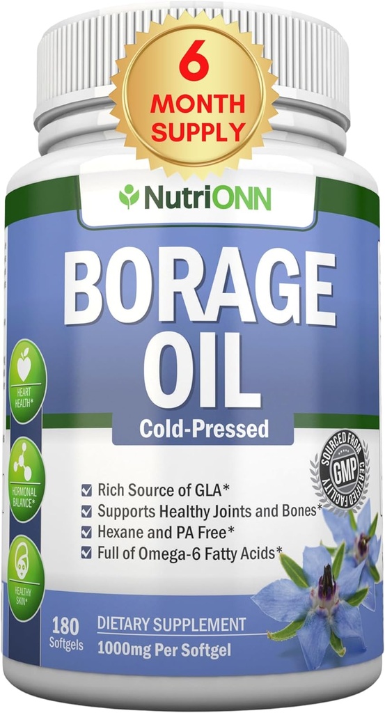 Huile de Borage - 1000 mg - 180 Softgels - Huile de Borage GLA haute pression à froid - Hexane et PA Free - Idéal pour la peau, les cheveux et les os.