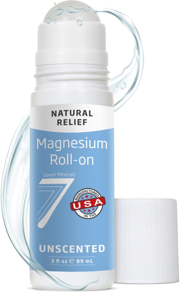 Seven Minerals Pure USP Grade Magnesium Roll On Stick - Unscented Topical Magnesium Oil for Sore Muscles, Leg Cramps, Stress & Sleep - No Unnecessary Fillers, Just Pure Magnesium - USA Made, 3 Fl Oz