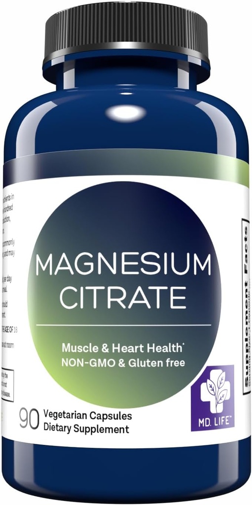 MD. Life Citrate de magnésium 250 mg – 90 Capsules – Supplément de citrate de magnésium à haute absorption – Capsules faciles à avaler pour le soutien musculaire, nerveux, cardiaque, du sommeil et des os