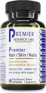 Premier Research Labs Premier Hair/Skin/Nails - Supplément de croissance des cheveux pour les femmes et les hommes avec kératine, vitamines pour la croissance des cheveux, beauté de l'intérieur pour les cheveux, la peau et les ongles - 60 Capsules végétariennes