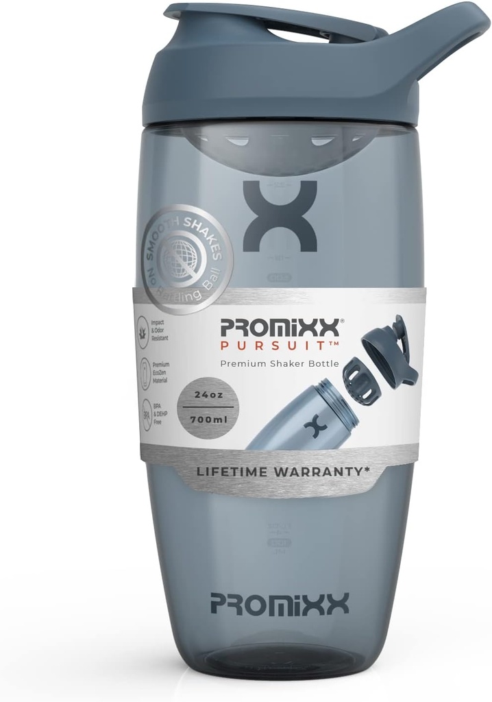 Bouteille de shaker protéinique Promixx (24 oz) – Mélangeur silencieux sans bille, couvercle de fuite-proof, ECOZEN sans BPA/BPS et sans phtalate – Coupe de shaker facile à nettoyer pour les smoothies pré- & post-entraînement