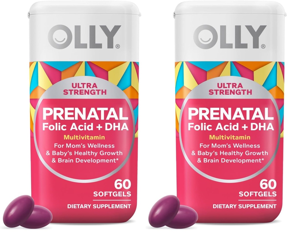 OLLY Ultra Strength Prenatal Multivitamin Softgels, Supports Healthy Growth, Brain Development, Iron, Folic Acid, DHA, Vitamins C, E, 30 Day Supply-60 Count (Pack of 2)